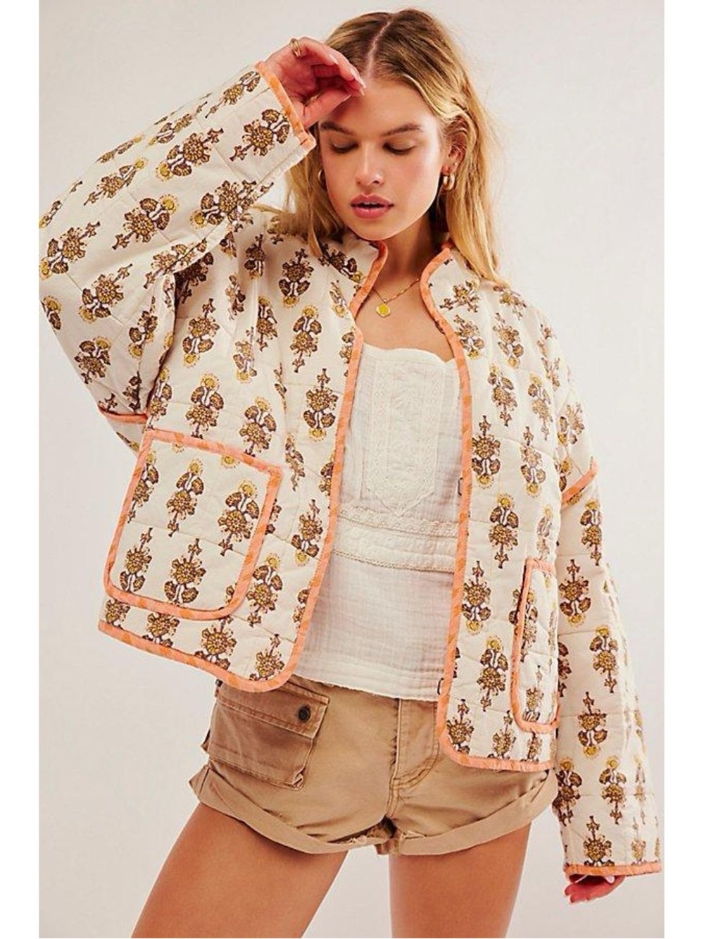 Free People Chloe Quilted Floral Jacket with Peach Trim in Ivory
